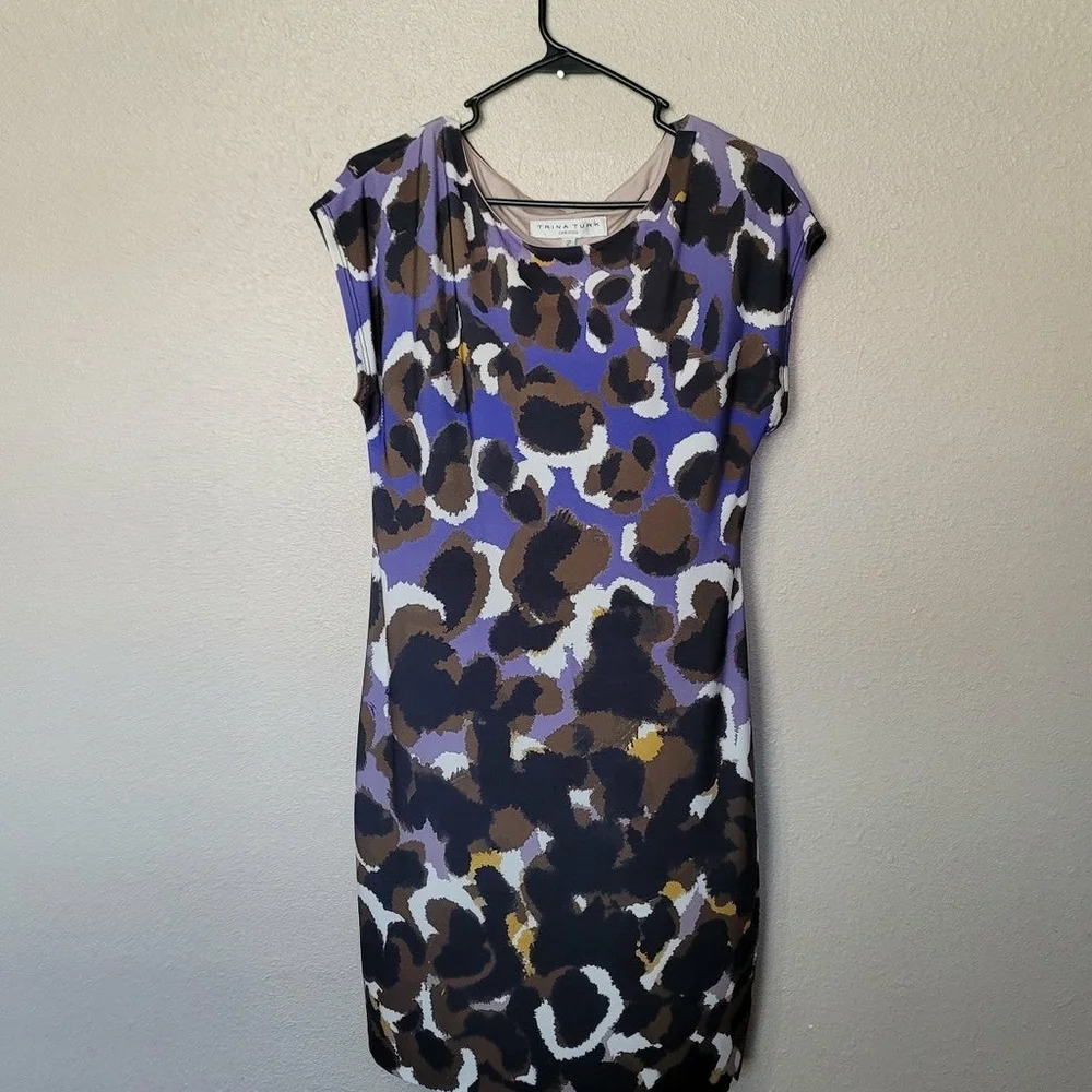 Trina Turk ♡ Breene Dress Size 2 Lapis Purple Black Print Knit Cap Sleeve Shif - Picture 3 of 10